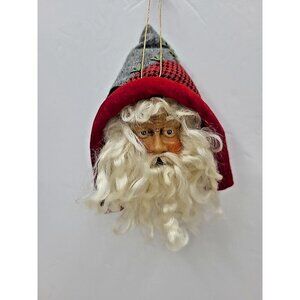 Old World Santa Head Saint Nick Ornament Painted Face Details Patchwork Hood